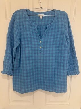 J. Jill Blue Plaid Cotton Gauze Henley Top Size S